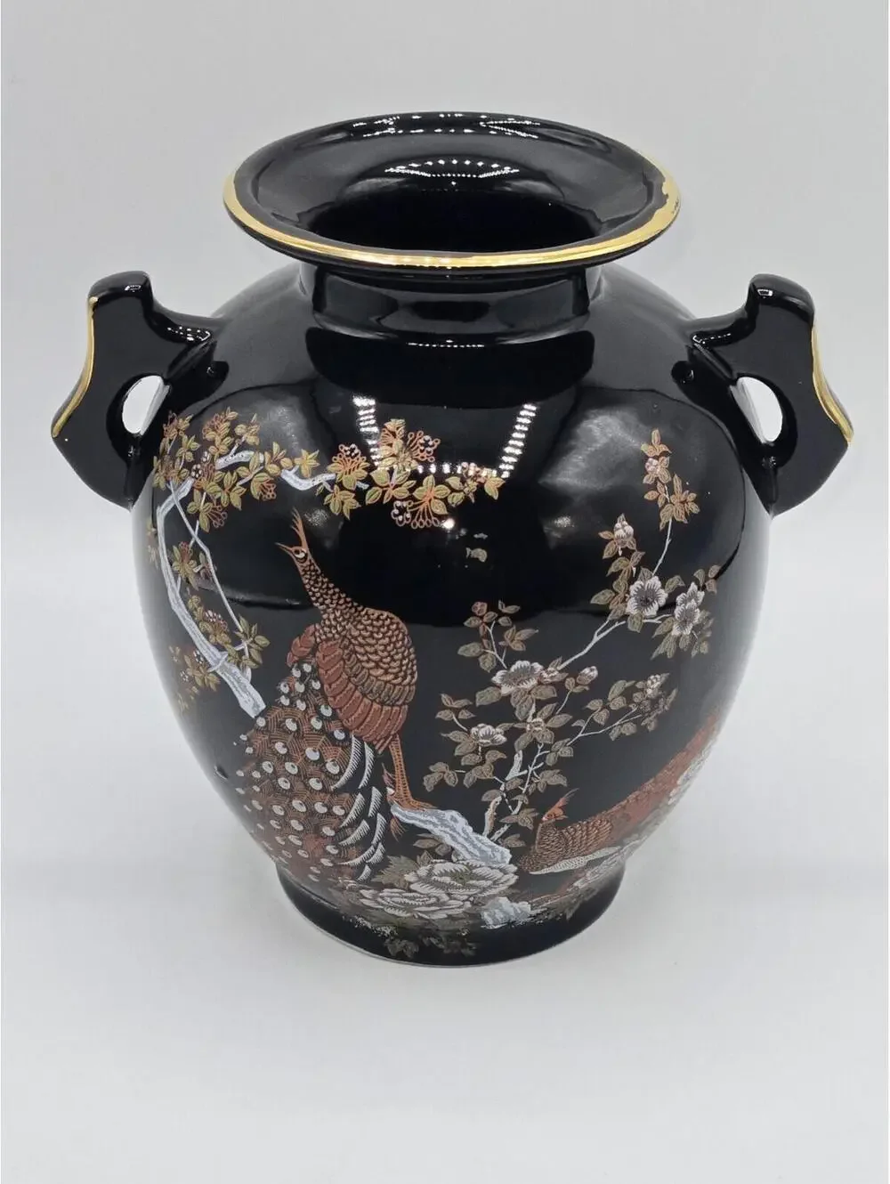 Vintage Black Ceramic Vase‎ Pheasant Bird Floral Design Gold Rim Double Handled